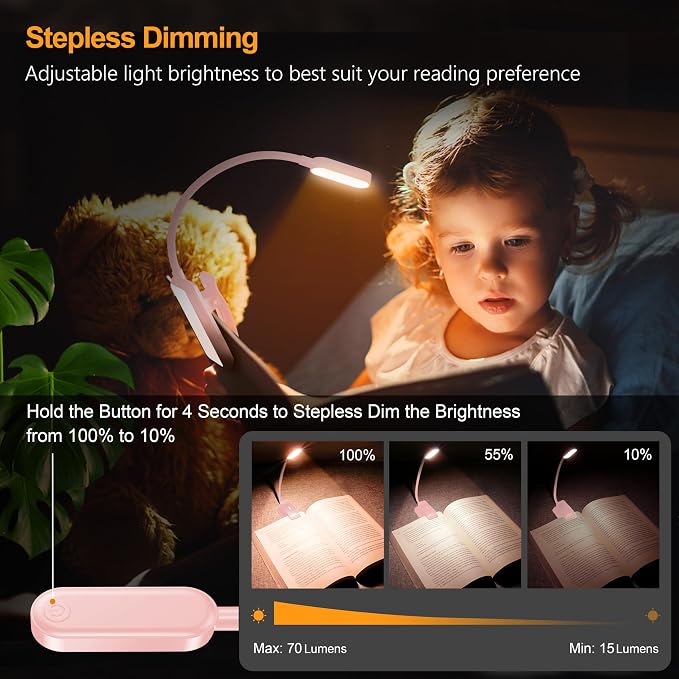 Gritin 16 LED Rechargeable Book Light for Reading in Bed | Eye Caring 3 Color Temperatures, Stepless Dimming Brightness, 80 Hrs Runtime, Lightweight Flexible Clip on Light-Pink
