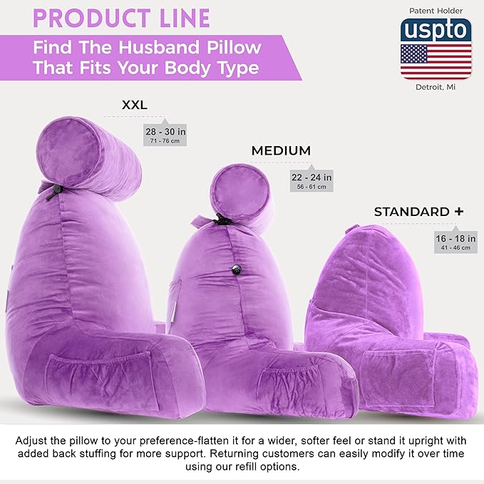 Husband Pillow XXL – Reading Pillow Bed Chair with Arms & Back Support – Light Purple - Back Pillow for Beds Sitting Up – Bed Rest Arm Pillow – Comfy Reading Pillow for Adults