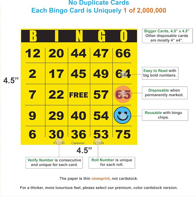100 Bingo Cards, Large 4.5 x 4.5 Inch, Yellow, Paper Bingo Sheets | 8 Color Options, Premium Cardstock, Disposable with Daubers or Reusable with Chips — Proudly Made in USA
