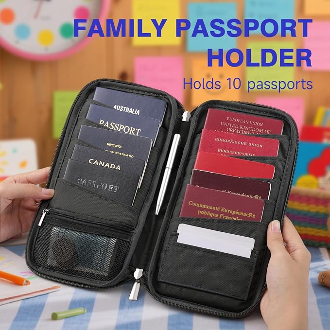 WALNEW Passport Holder Travel Family for 10, RFID Blocking Passport Wallet | Travel Documents Organizer with Zipper, for Cards, Cash, Boarding Passes, Tickets, International Travel Essentials