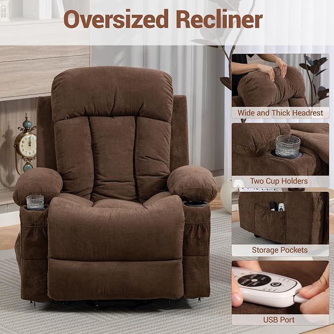 Power Lift Recliner Chair for Elderly, Electric Recliner with Vibration Massage, Lumbar Heat, USB Port & Cup Holders, Ergonomic Living Room Sofa, Brown