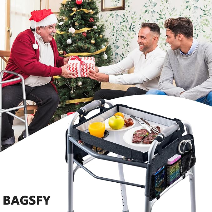 BAGSFY Upgraded Clear View Walker Tray for Seniors– Universal Folding Walker Table with Cup Holder & Side Pocket | Hard Top Lightweight Walker Accessory, Tool-Free Installation, Fits Most Walkers