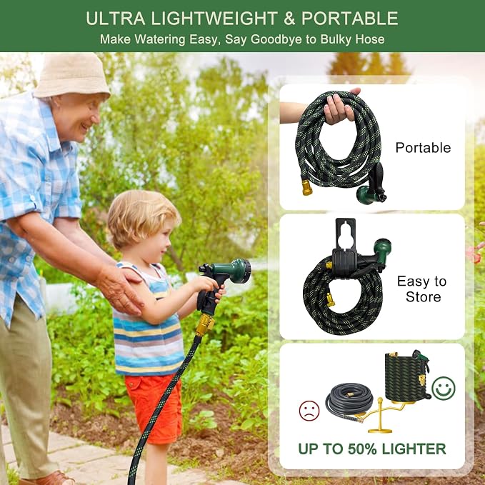 Garden Hose 50 ft, Non-Expandable Flexible Water Hose with 10 Function Spray Nozzle, Lightweight, Leak Proof, Kink-Free, Portable Hose for Outdoor, Yard, Lawn, High-Density Fabric, Black Green