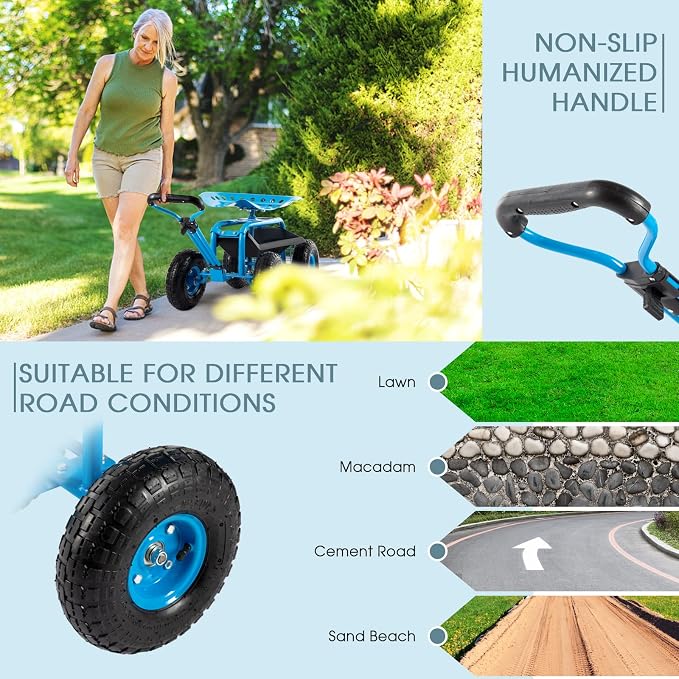 Rolling Garden Cart with Workseat - Heavy Duty Scooter with Handle and Storage Gardening Stool, 360 Degree Swivel Seat for Seniors Garden Cart on Wheel,Blue