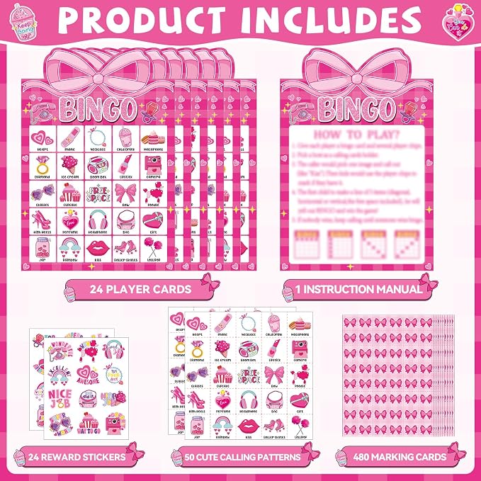 39 Pcs Pink Bow Party Bingo Game for Adults Kids 24 Players Pink Girls Party Bingo Game Cards with Reward Stickers for Family Friends Large Group Gathering Bachelorette Princess Doll Party Favors