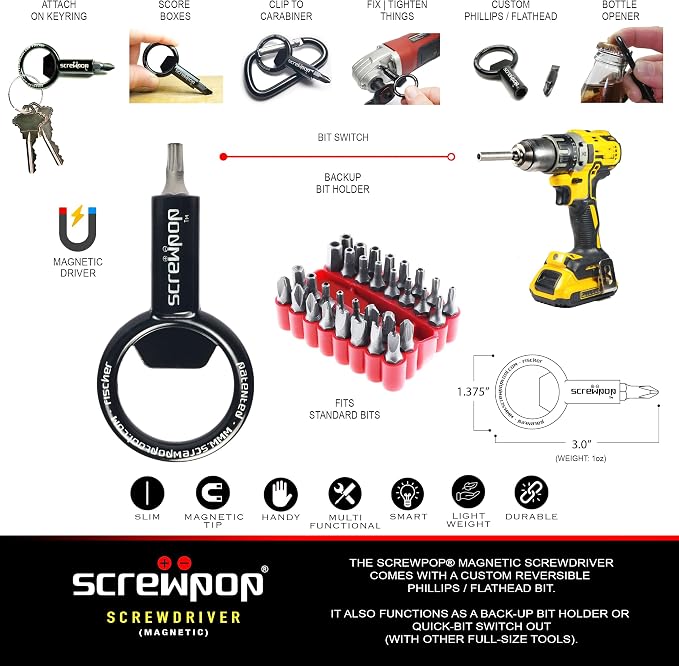 Screwpop Screwdriver Universal Magnetic Bit Holder for Keychain | Carabiner Multi-Tool Bottle Opener (Includes Removable Double-Sided Phillips and Flathead Bit)