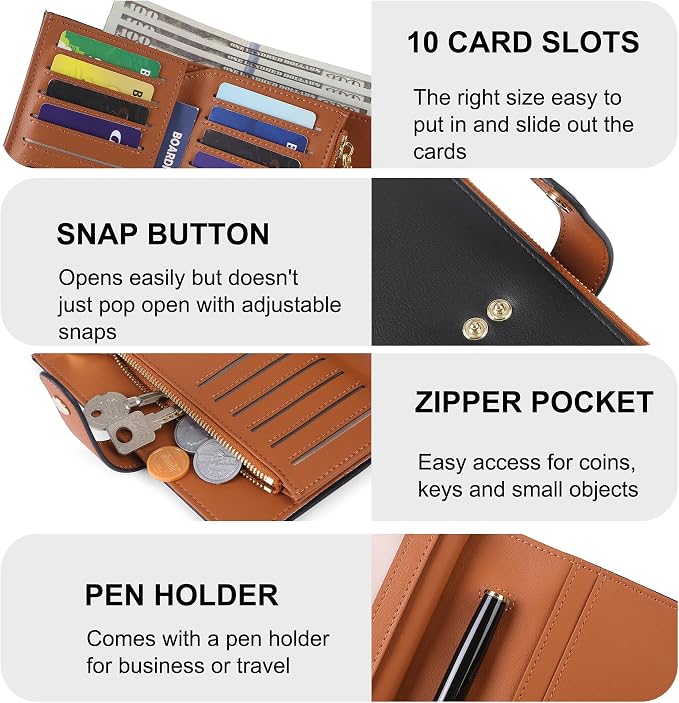 Wallet Women RFID Blocking Multi Cards Wallet Credit Card Holder for Women Large Capacity Lady Leather Trifold Travel Wallet with Passport/Pen Holder