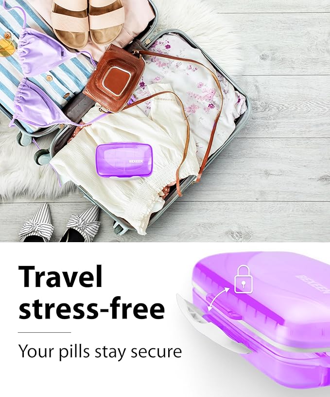 Travel Pill Organizer – Moisture-Proof Medicine Pill Organizer with Labels, 8 Compartment Pill Box Case for Vitamins & Supplements, Portable Pocket Pharmacy (Purple)