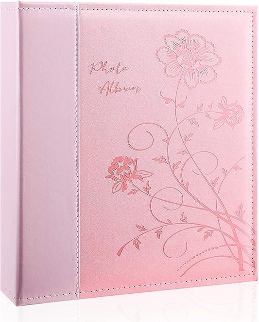 Photo Album 8x10 Clear Pages Pockets Leathe Cover Slip Slide in Photo Album Holds 50 Vertical 8x10 Photos Picture Book for Wedding Family (Pink)