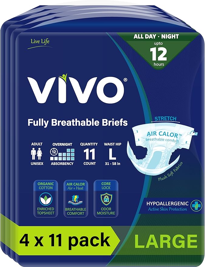 VIVO Organic Cotton Overnight Sensitive Skin Adult Incontinence Diaper Briefs with Tabs, Large 44 Count