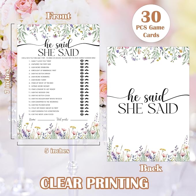 Wildflower Bridal Shower Games, Boho Flowers He Said She Said Game for 30 Guests with Game Cards, Bridal Shower Decor, Wedding Decorations Supplies (28)
