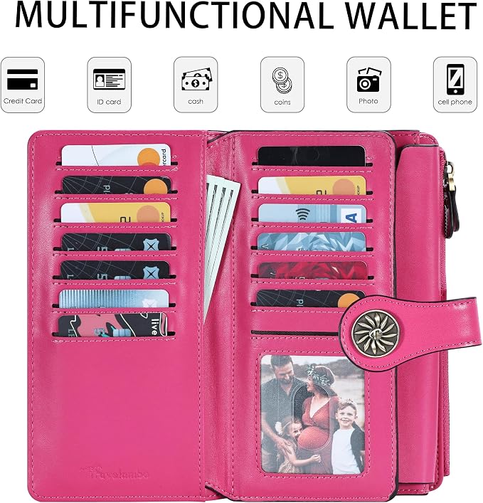 Travelambo Women's Wallet RFID Blocking Trifold Clutch Large Capacity Credit Card Holder Travel Purse