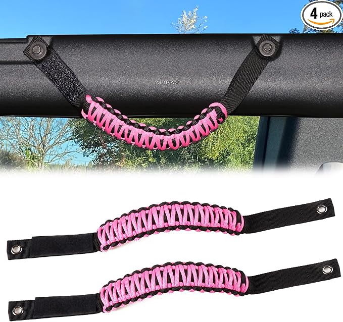 sukemichi Paracord Handles Grab for 2021-2026 Ford Bronco 4 Door, Pink | Roll bar grab handles,Fits Bronco 2021-2026 hard & soft top,Off-road safety grip handle,Work with airbag,Not for Sport,2 Pack