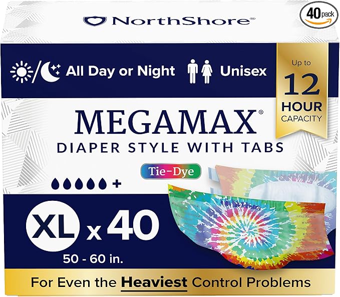 NorthShore MegaMax 12-Hour HBL Adult Diapers for Heavy Bladder Leaks, X-Large, 40 Count, Tie-Dye, 50-60 inches, Tab-Style Incontinence Underwear for Men, Women & Teens
