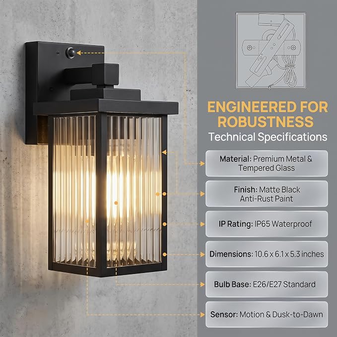 Motion Sensor Porch Light, Dusk to Dawn Outdoor Wall Light, Black | 2 Modes, 220° Motion Detection, Auto On and Off, Anti-Rust Metal Frame, Pre-Assembled DIY Install on Porch, Garage
