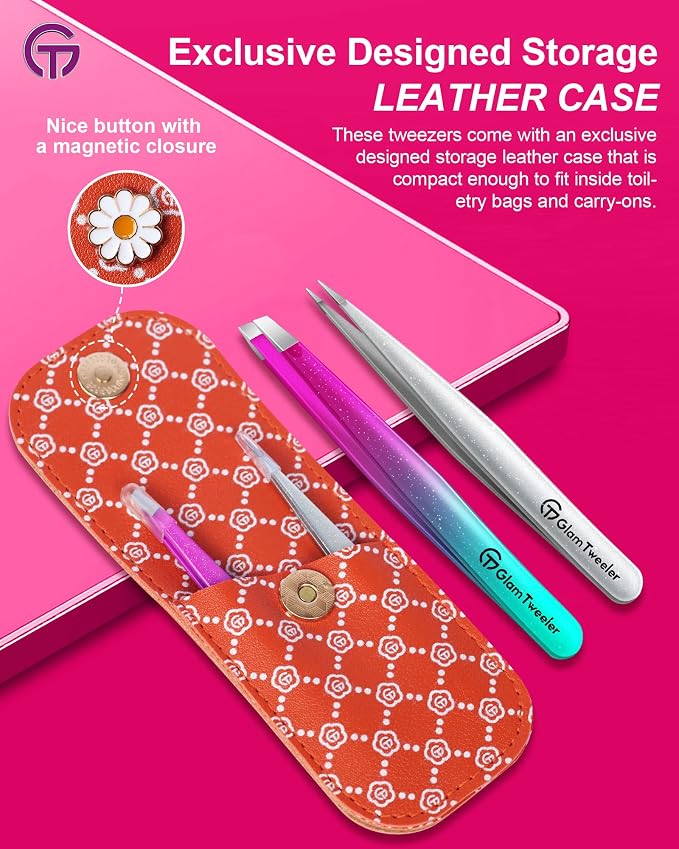 Expert Slant and Point Tip Tweezer Set with Exclusive Travel Case, GlamTweeler Sharp & Precision Tweezer Set for Eyebrows, Facial Hairs & Fine Hairs Removal (Sparkle Purple & Turquoise + Silver)
