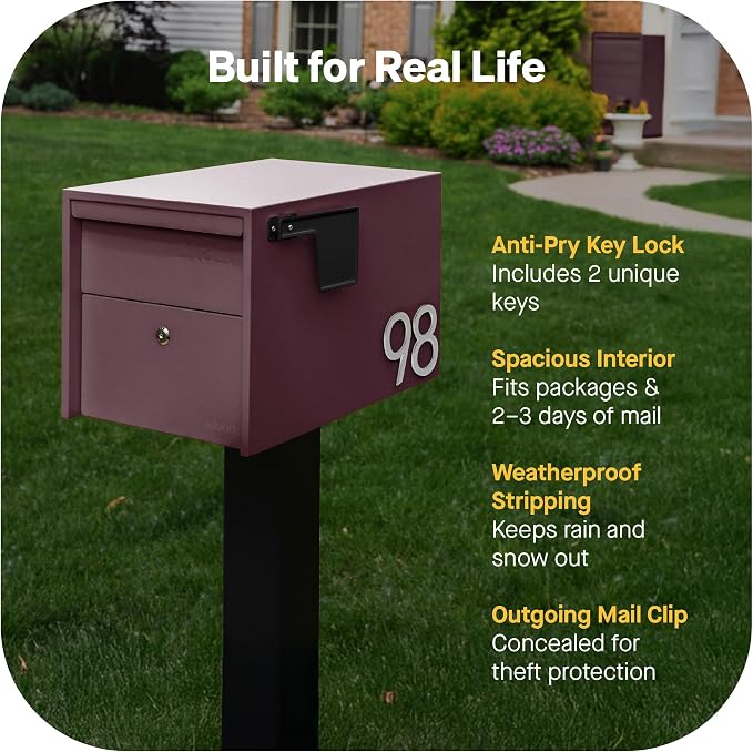Adoorn Lockable Post Mount Mailboxes for Outside - Small Anti-Theft Locking Mailbox for Packages and Letters - Weatherproof Construction - Durable Steel - 12" H x 12" W x 18.5" D - Malbec