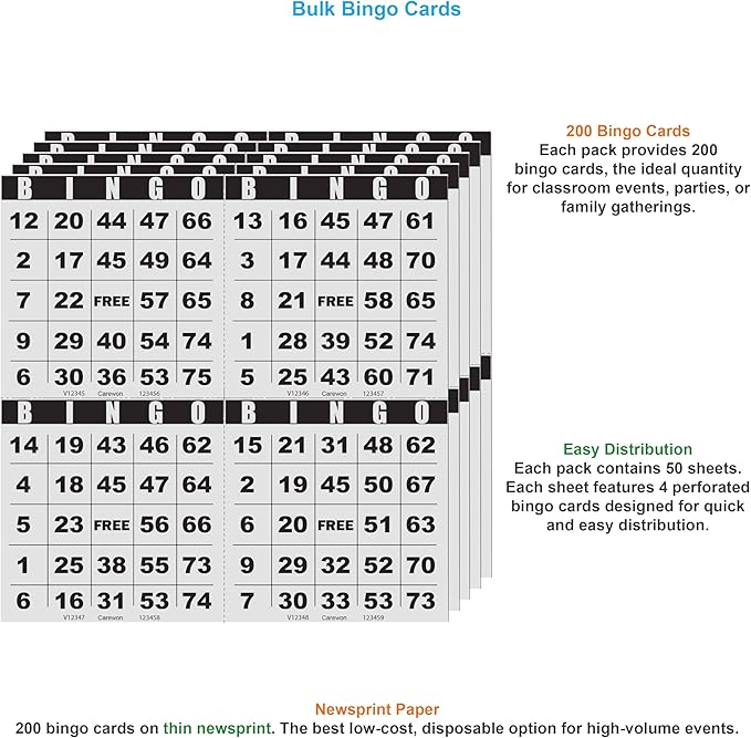 200 Bingo Cards, Large 4.5 x 4.5 Inch, Paper Bingo Sheets | Classic Newsprint, Disposable with Daubers or Reusable with Chips — Proudly Made in USA