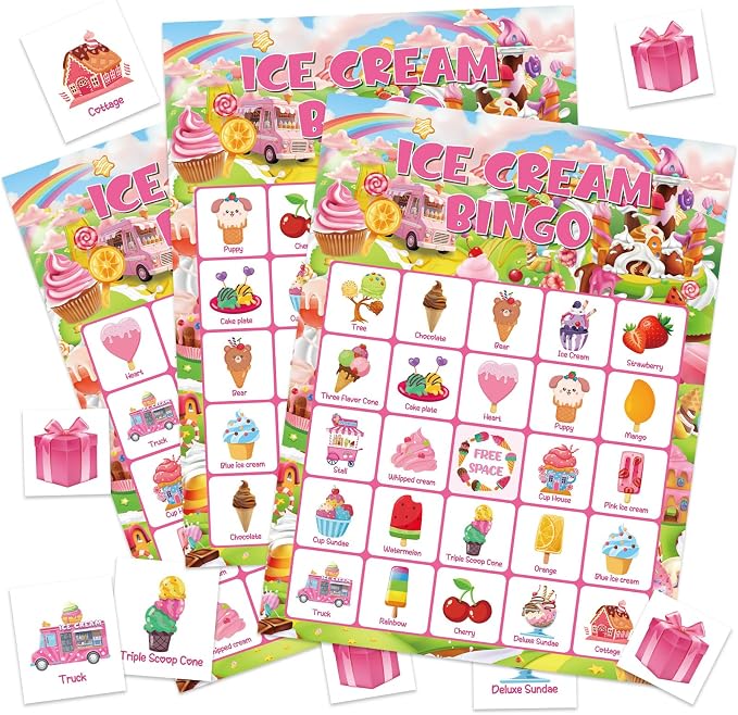 24 Players Ice Cream Bingo Cards, Sweet Ice Cream Bingo Game Cards Summer Party Games for Birthday Holiday Party Wedding School Classroom Group Activities Favors Supplies