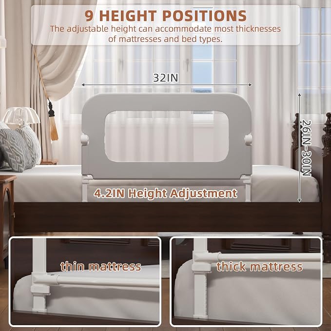 FigTime Bed Rail for Toddlers, Baby Bed Rail Guard for Kids, Toddler Bed Rails with Reinforced Anchor Fit, Height Adjustable & Foldable Bed Rail Guard for Twin, Full, Queen & King Beds (Grey, 32IN)