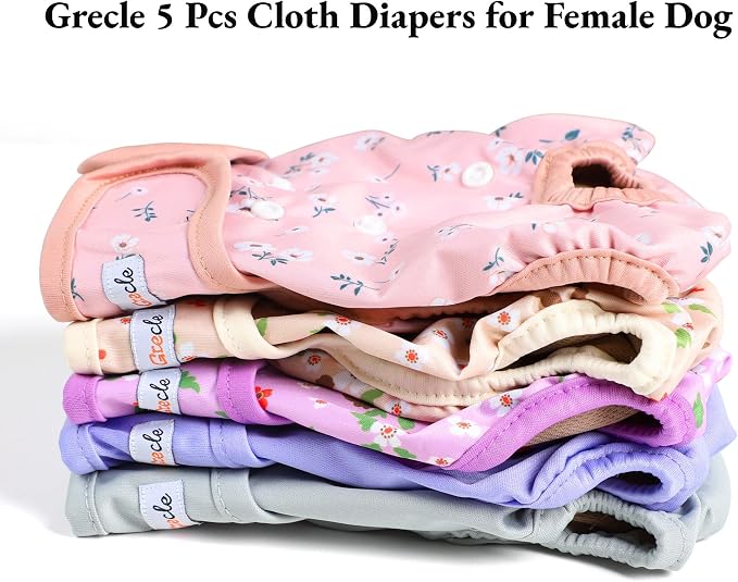 Washable Female Dog Diapers (5 Pack) - Doggie Reusable Small Medium Large Dog Diapers for Doggy Puppy Female in Period - Highly Absorbent Dog Heat Panties,S Plus,Flowers