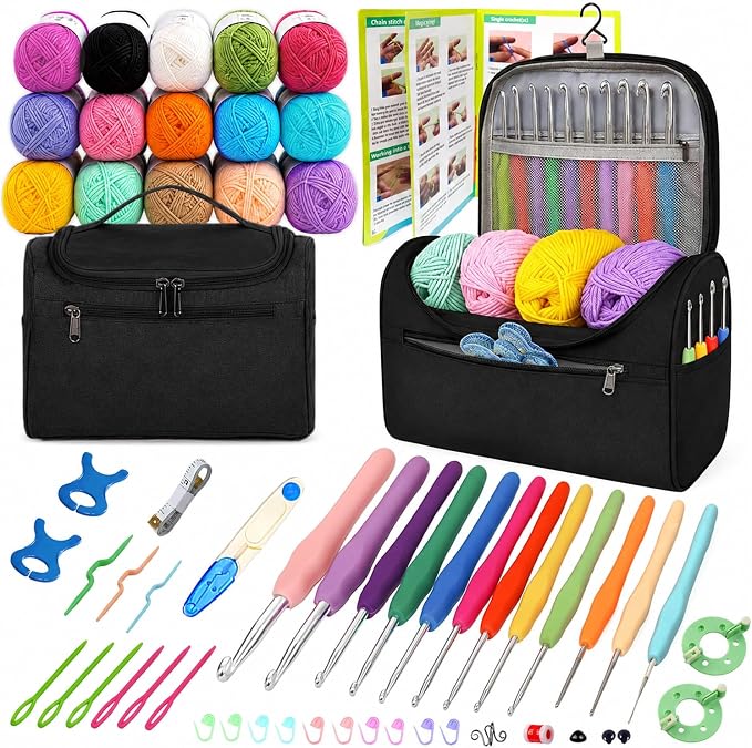 Yarniss Crochet Kits with Yarn,1120 Yards Soft Crochet Skeins, 12 Size Ergonomic Crochet Hooks with Portable Crochet Bag,Black