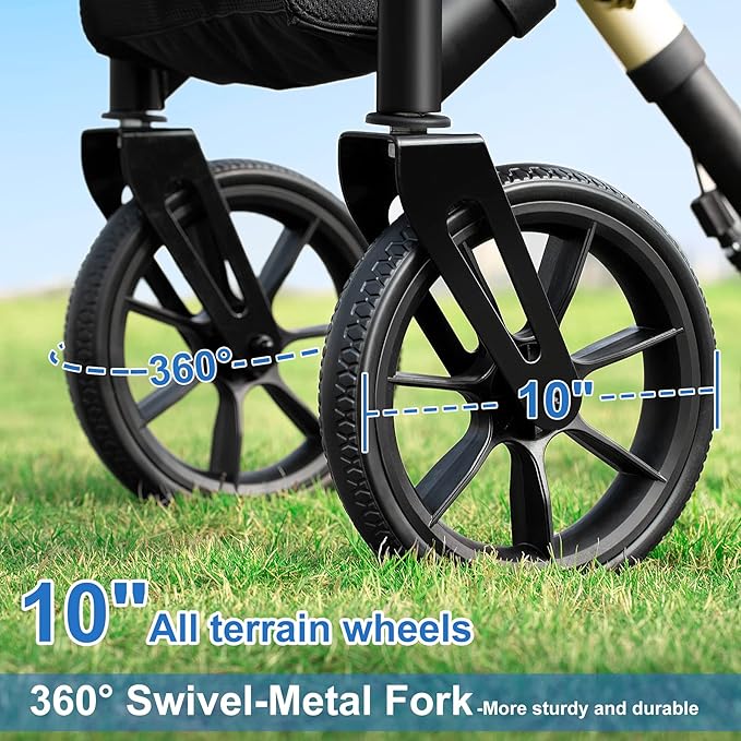 WALK MATE Rollator Walker for Seniors Taller 5.3~7ft with Height-Adjustable Seat, 10 Inch Wheels Wire-Hidden Walkers Compact Folding Design Lightweight Mobility Walking Aid Widen Backrest, Gold