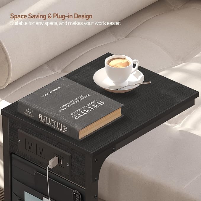 TUTOTAK C Shaped End Table with Charging Station, Side Table for Sofa | Couch Table with Storage Bag, TV Tray with 2 USB Ports and Outlets, Living Room and Bedroom, Black TB01BK024