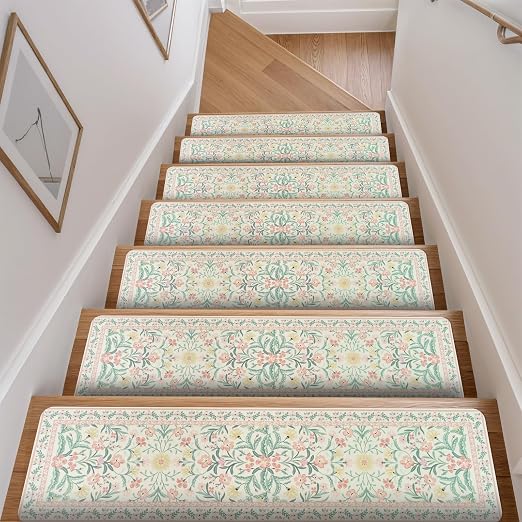OJIA Pink Floral Stair Treads for Wooden Steps 15PCS 8"x30" Stair Runner | Non-Slip Stair Runners Rubber Carpet Treads for Wood Stairs Indoor Staircase Step Treads for Kids & Dogs, Stair Covers, Green