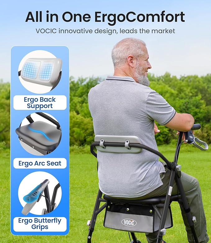 VOCIC Z12 Walker for Seniors with Seat, 13.4 LBS Ultra Light, 350 LBS | Ergo Seat & Backrest for Comfort, Height Adjustable & Easily Foldable for Seniors, All Terrain Wheels, Silver