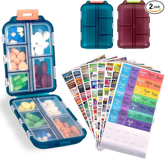 2 Pcs Travel Pill Organizer with Labels, Portable Travel Medicine Daily Pill Container Organizer 7 Day Pill Case Storage Vitamin Fish Oil (Blue & Red, 320 Medicine Lables)