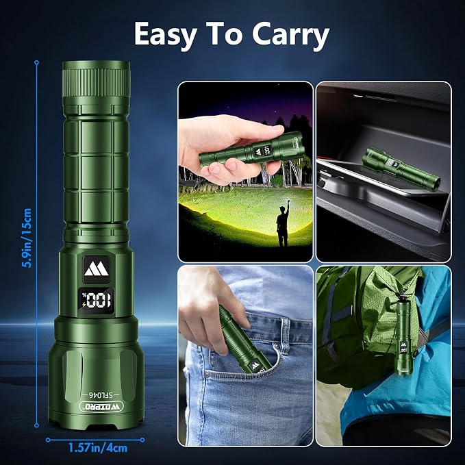 WdtPro LED Rechargeable Flashlight 2 Pack, 3 Modes Super Bright High Lumens Flashlights, Zoomable Tactical Flash Light with LCD Display, IP65 Waterproof Flashlights for Home Emergency Camping - Green