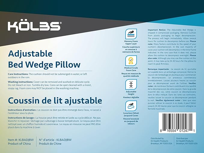 Kolbs Memory Foam Adjustable Bed Wedge Pillow - Wedge Pillow Set for After Surgery - 9 and 12 inch Height Plush Velvet Cover Multi Use for Sleeping and Acid Reflux (Adjustable Height)