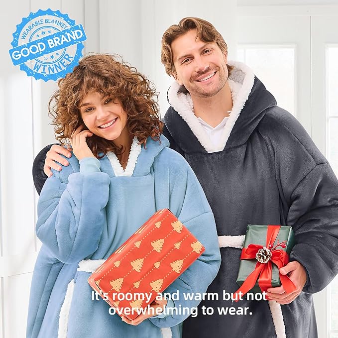 JOYWOO Wearable Blanket Hoodie,Oversized Cat Lovers Sweatshirt Blanket for Adult, Birthday Gifts for Women,Mom,Friend,Cozy Sherpa Hooded Blanket with Giant Pocket and Winter Gifts,Denim blue Standard