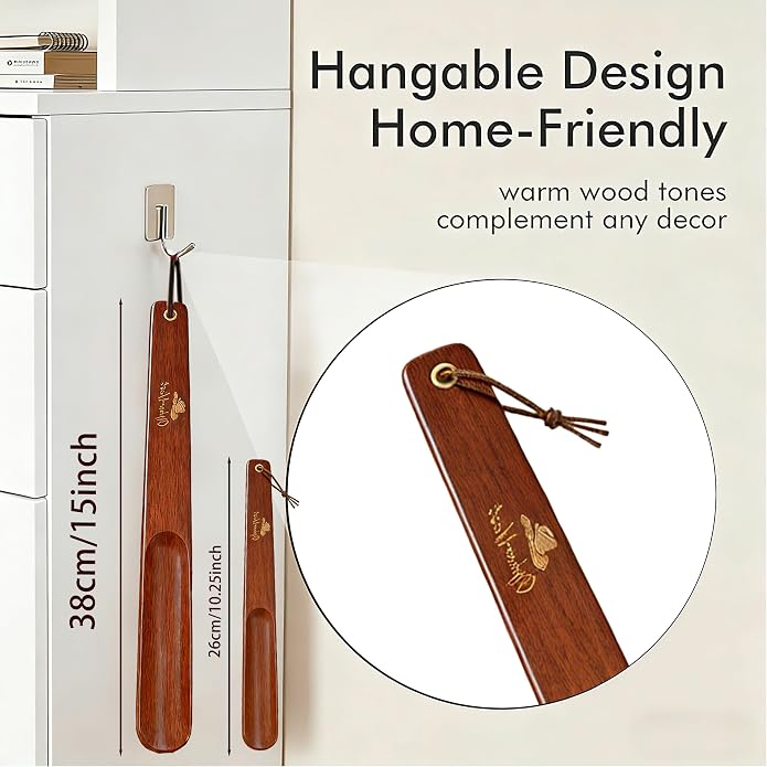 Wooden Shoe Horn Set, 15'' Long Handle for Seniors & Adults, 10.25'' Short Shoe Spoon for Kids, 2-Pack Boot Horn
