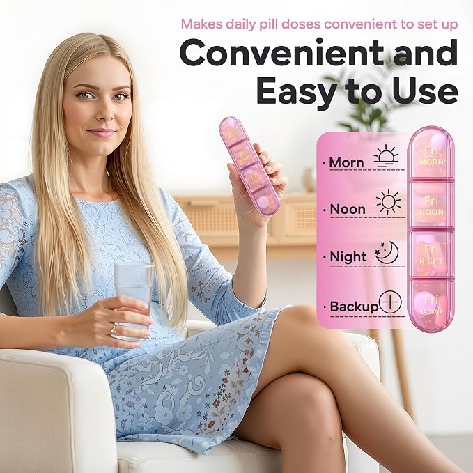 Daviky Pill Organizer 4 Times a Day - Pill Box 7 Day, Weekly Medicine Pill Organizer for Travel with Removable Containers, Pill Case to Hold Daily Vitamins, Supplements and Medication (Pink Purple)