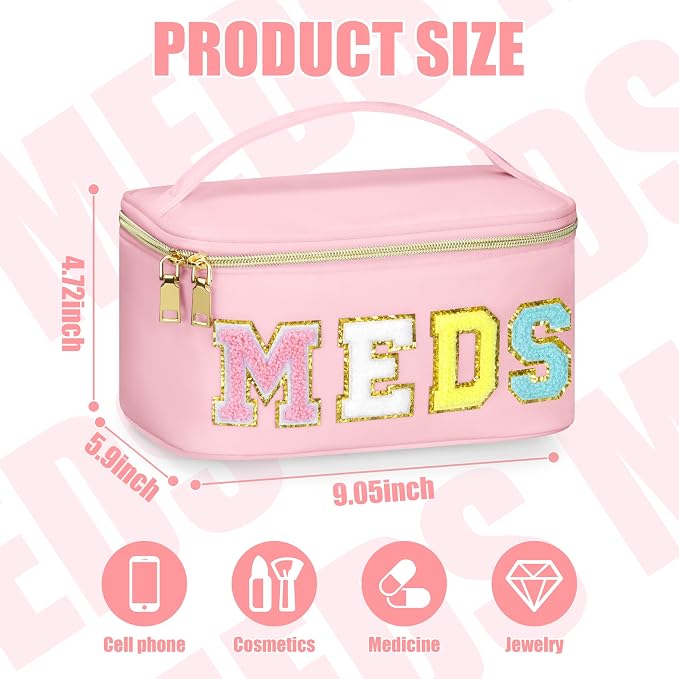BuyCard Medicines Chenille Letter Bag Nylon Meds Makeup Pouch Preppy Path with Zipper and Handle Cosmetic Toiletry Storage Purse for Women Pink