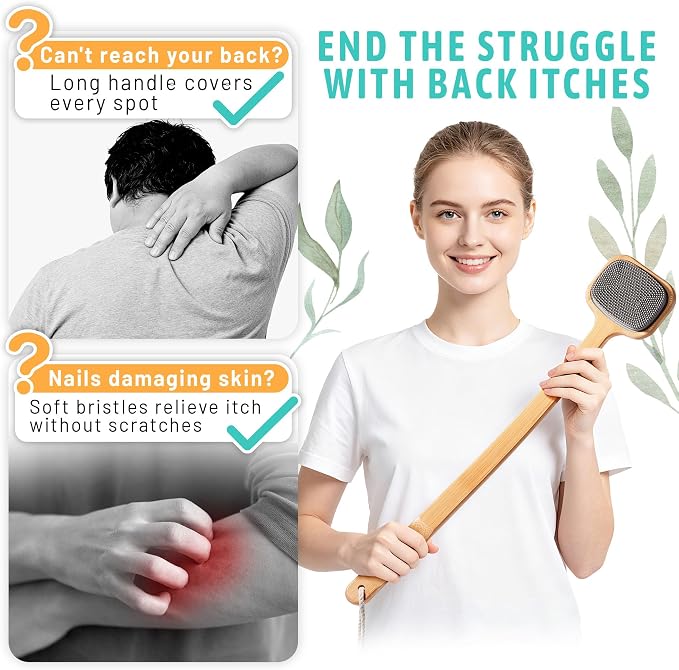 NURENDER Extra Long Bamboo Back Scratcher 22'', Soft Body Brush | Long Handle Dual Sided Silicone Bristles Backscratchers, Bamboo Wood Body Brush for Dry & Wet Use