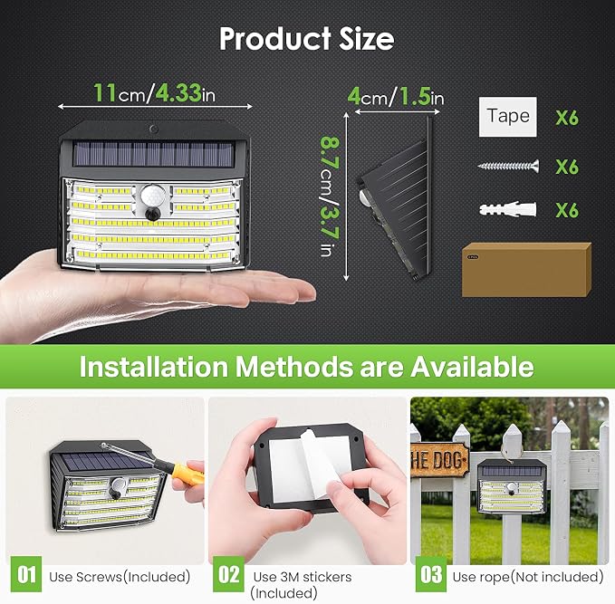 Solar Motion Lights Outdoor, Ultra Bright Solar Fence Lights with Motion Sensor, IP65 Waterproof Security Light 3 Modes, 270° Lighting Angle, Wall Lights for Deck Patio Fence Garage Door (6 Packs)