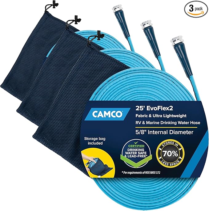 Camco EvoFlex2 25-ft Drinking Water Hose - RV Drinking Water Hose Reinforced with Fabric & Ultra Lightweight - Contains No Lead, No BPA & No Phthalate - Abrasion Resistant (22577) (Pack of 3)