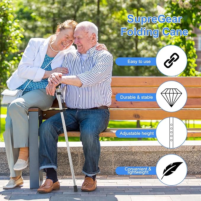 supregear Folding Cane, 5-Level Adjustable Height Walking Stick Lightweight Collapsible Portable Travel Cane with Wrist Strap and T Handle for Elderly Disabled Men Women