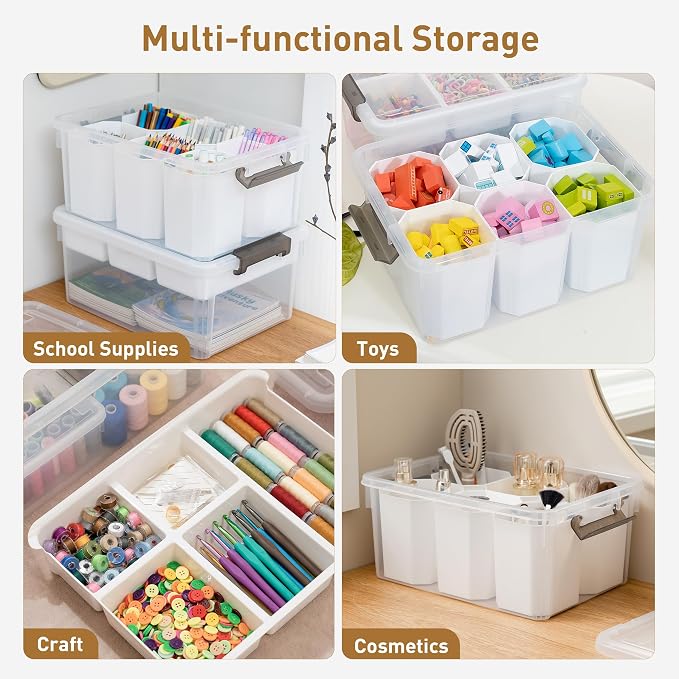 Citylife 17QT 2Packs Clear Craft Organizers and Storage Bins with Lids | Stackable Art Supply Organizer with Tray and 6 Inserts for Markers, Crayons, Pencils, Tools, Playdoh, Coloring Books