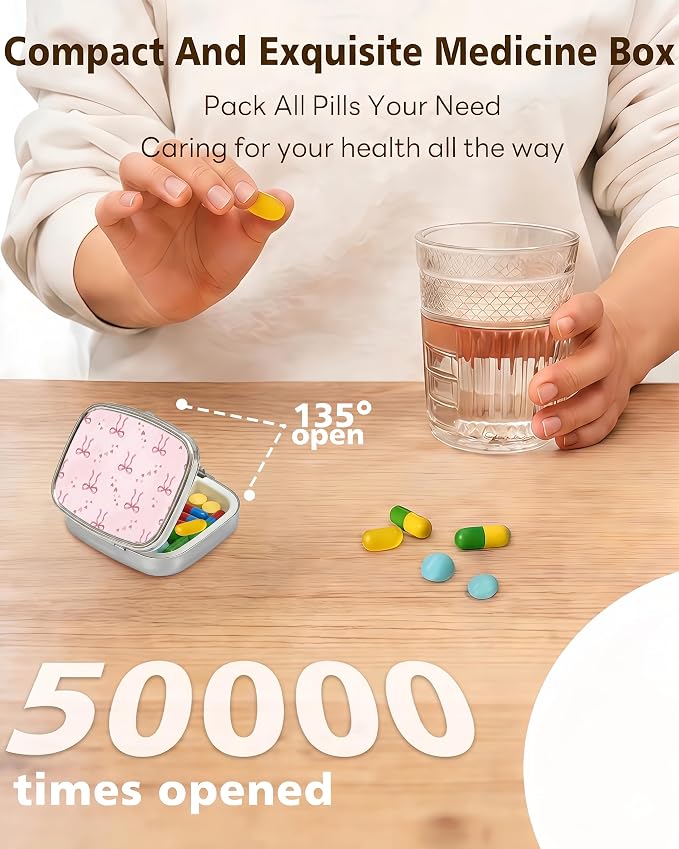 LRITER Pill Case, 2 Compartment Portable Small Travel Pill Organizer for Purse and Pocket, Stylish Medicine Case with Multiple Patterns, Daily Pillbox for Home & Travel (Bow)