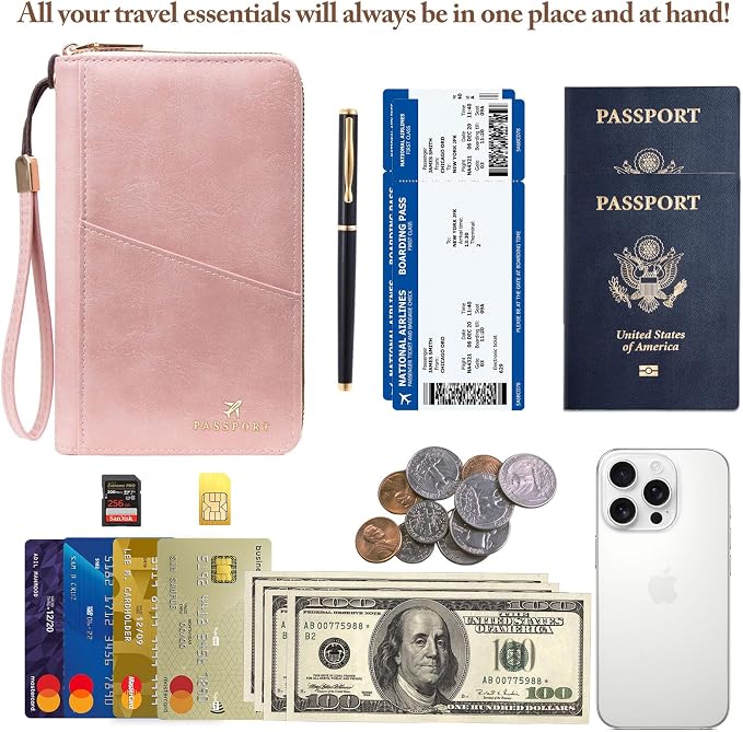 Family Passport Holder for Travel Women and Men RFID Passport Holder with Zipper Passport Case Passport cover Passport Wallet Travel Essentials and Accessories(1-2,Pink)