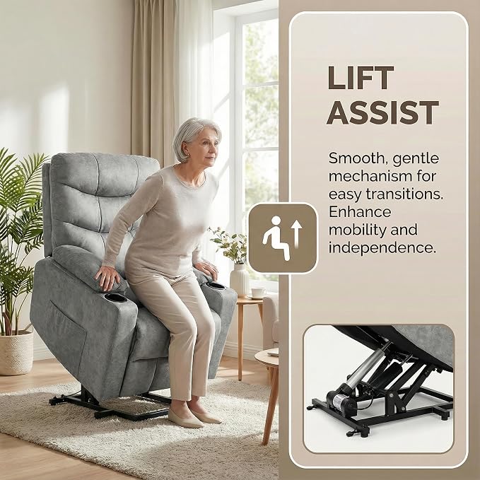 Electric Power Lift Recliner Chair for Elderly, Lift Recliner Chair with Massage and Lumbar Heat, 150° Reclining Chair with Cup Holders, Side Pockets and Remote Control, Ideal for Living Room (Grey)
