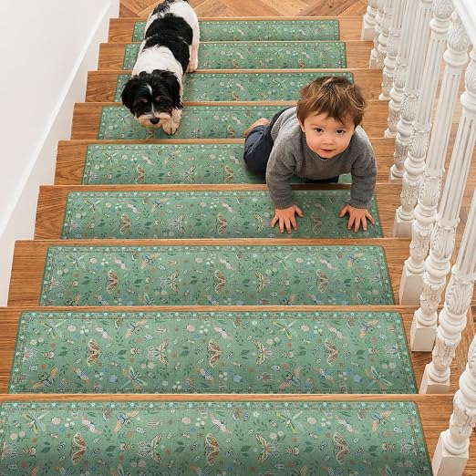 OJIA Insect Stair Treads Non Slip Stair Runner for Wooden Steps 15PC 8"x30" | Indoor Stair Runners Rubber Backed Carpet Treads for Wood Stairs Staircase Step Treads for Kids & Dogs,Stair Covers, Green