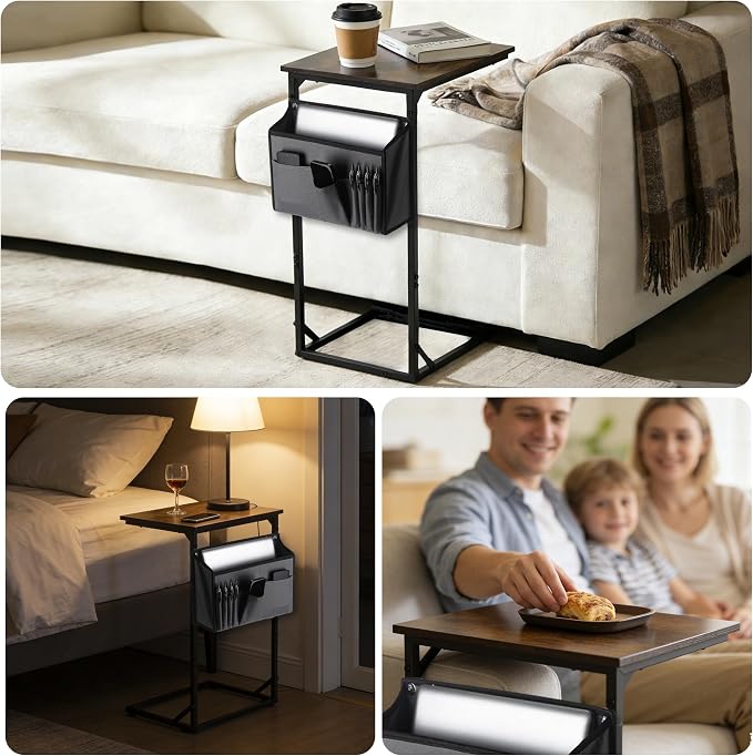 C Shaped End Table for Couch, Small Side Table for Living Room & Bedroom, Slide Under Sofa Table for Laptop, Coffee, Snacks, Easy Assembly, Modern Design