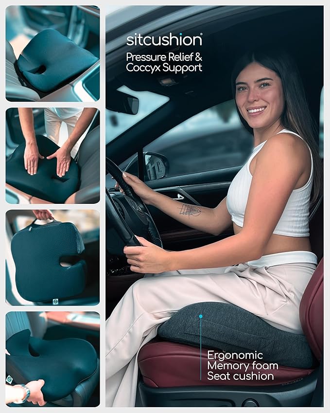 Car Seat Cushion for Long Driving, Extra Large Memory Foam Seat Cushion for Sciatica Pain Relief, Car Essentials Orthopedic Pillow for Back Support, Tailbone Pain Relief Cushion (Black)
