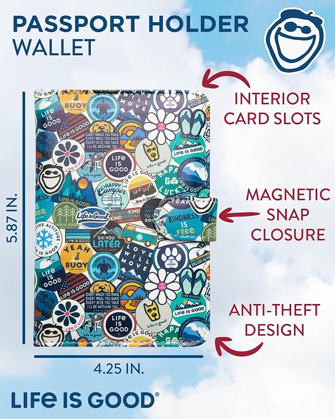 Life is Good Travel Passport Cover - Anti-Theft Passport Holder Wallet with Interior Card Slots, Magnetic Snap Closure, Newsprint | Slim Design, Card Slots, Snap Closure, Fits Neatly in a Purse or Backpack, Keeps Documents and Boarding Pass Organized