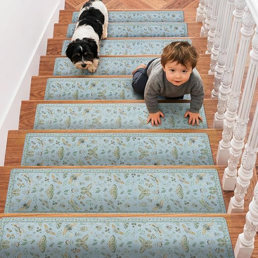 OJIA Insect Stair Treads for Wooden Steps 15PC 30"x8" Non-Slip Stair Runner | Indoor Stair Runners Carpet Stair Treads Mats Staircase Step Treads for Kids, Elders & Dogs, Stair Covers, Blue